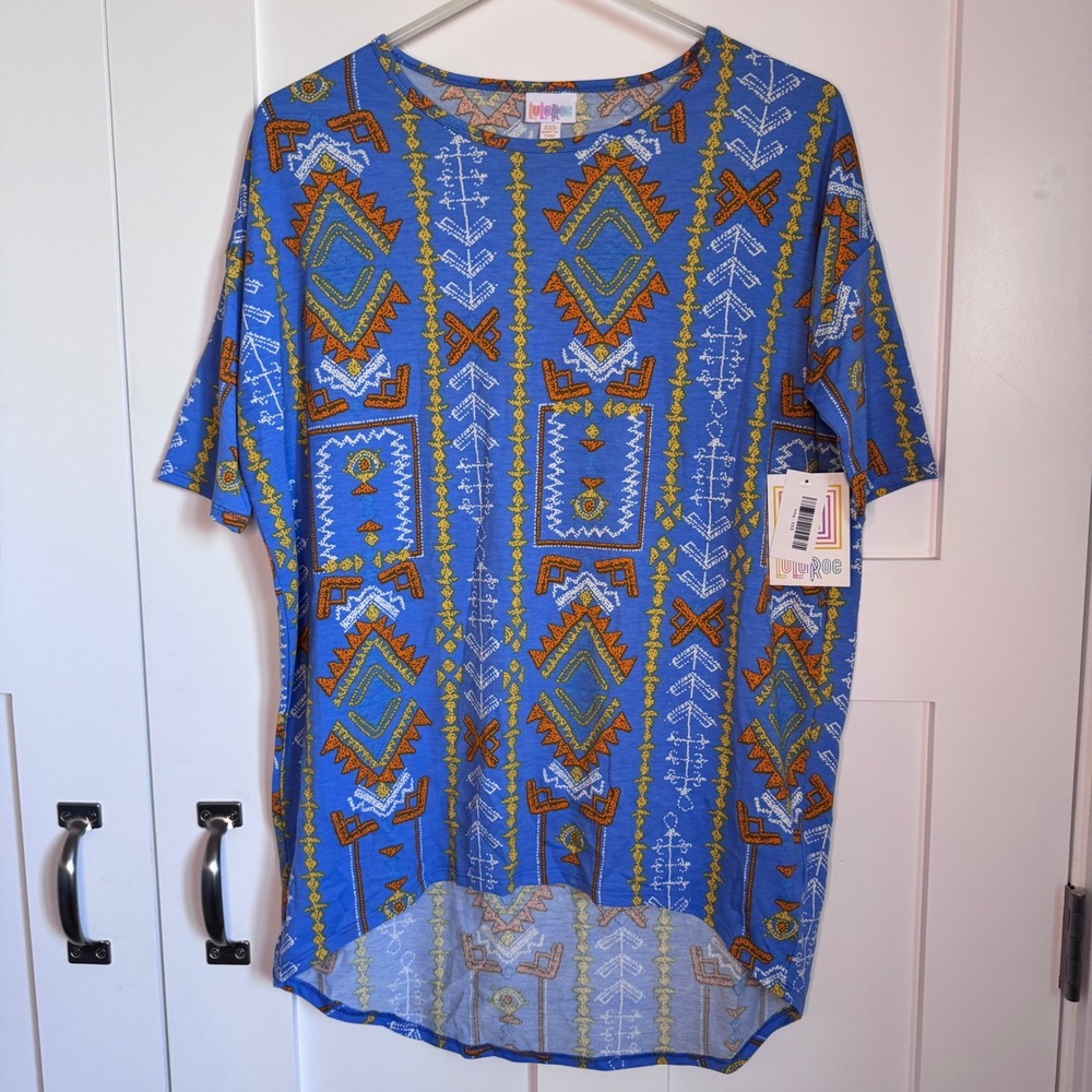 NWT LuLaRoe Irma Top Multicolor Geometric Print Womens Size XXS Tunic Hi Low Hem